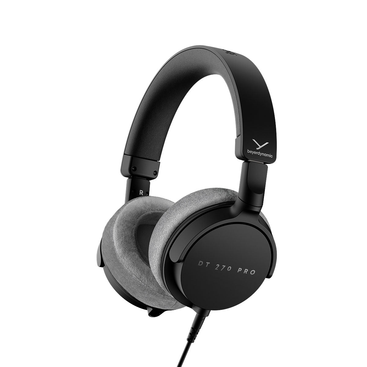 Black over-ear headphones with gray padded ear cushions and a wired audio cable attached.