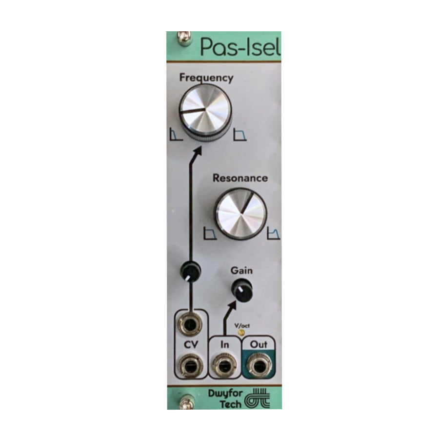 Eurorack module panel with frequency, resonance, and gain knobs, and CV, in, out 3.5mm jacks by Dwyfor Tech.