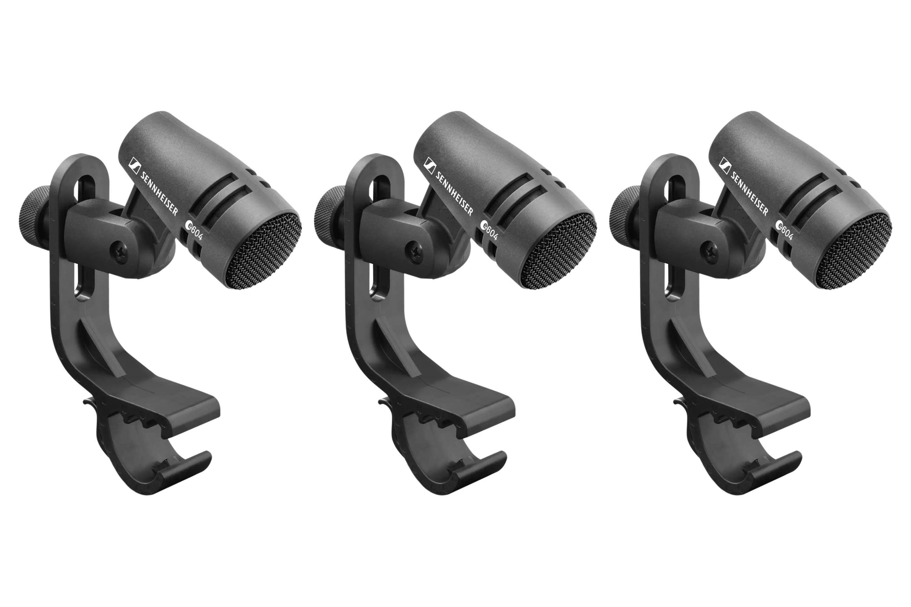 Three black Sennheiser e 604 microphones with mounting clips displayed side by side on a white background.