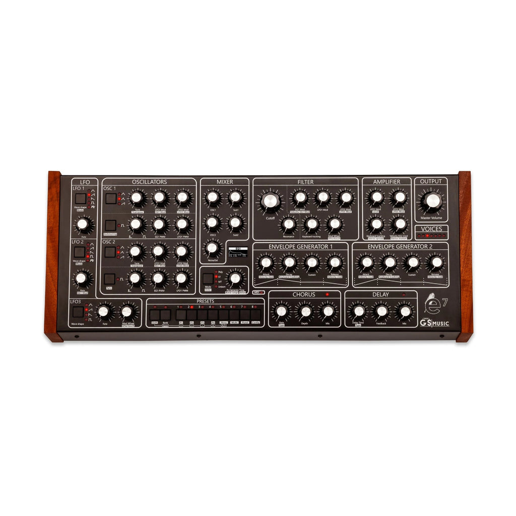 Front view of a black synthesizer with wooden side panels and multiple labeled knobs and buttons.