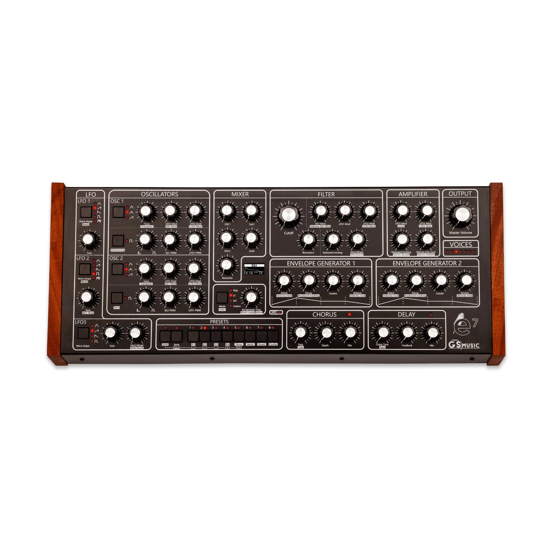 Front view of a black synthesizer with wooden side panels and multiple labeled knobs and buttons.