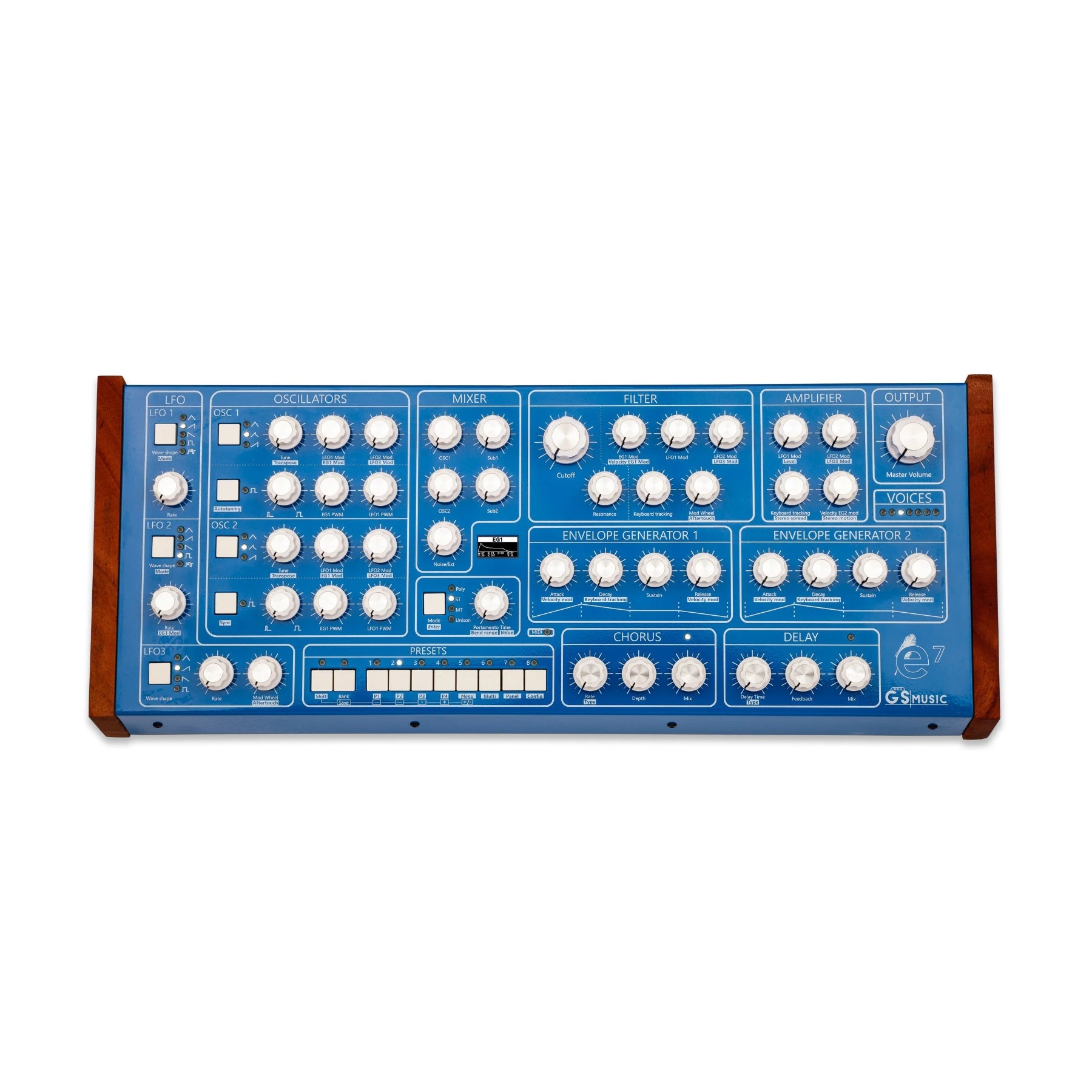 Blue GS Music e7 synthesizer with white knobs and wooden side panels viewed from top.