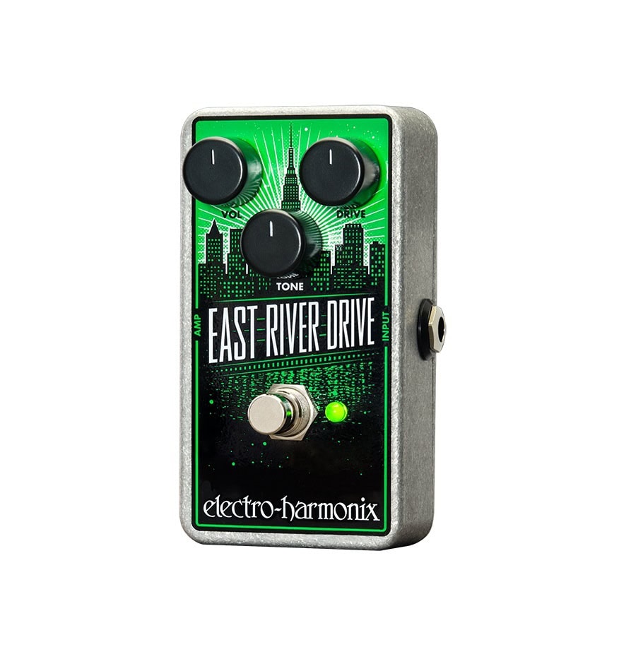 Electro-Harmonix guitar effects pedal with three knobs and one footswitch in silver and green design.