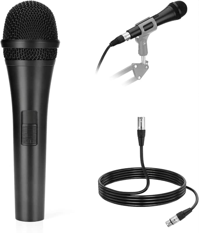 Cardioid Dynamic Microphone with XLR Cable, Rigid Metal Housing, Unidirectional Pickup Mic for Musical Instruments Voice Public Speech Podcast Singing PC Gaming Streaming Studio, Black