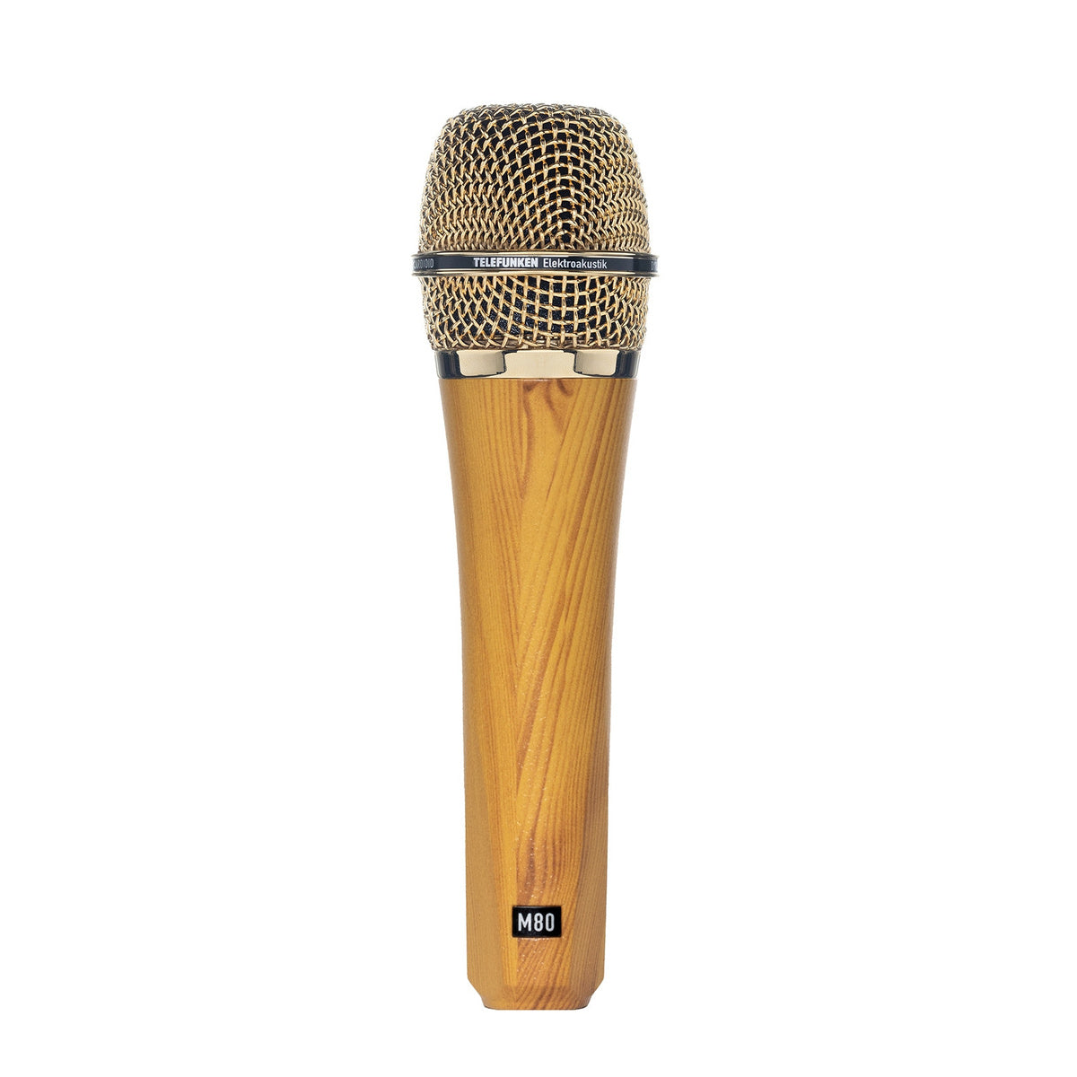 Handheld microphone with gold metal grille and wooden handle labeled M80.