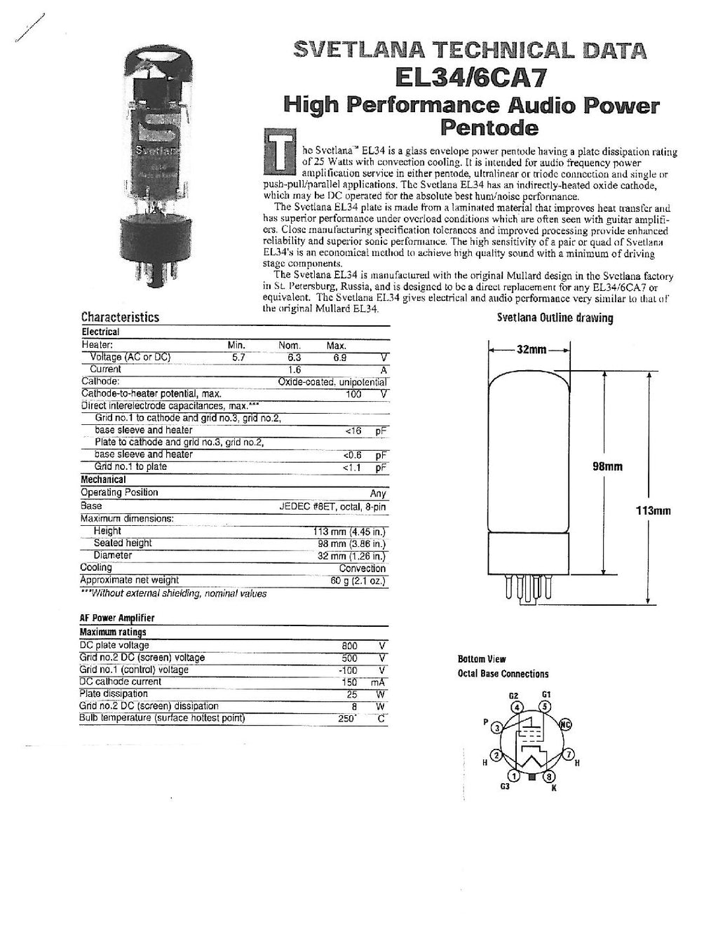 Svetlana EL34 Poweramp Vacuum Tube