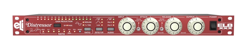 Front panel of a red audio processing unit with knobs, switches, LED indicators, and text labels including Distressor and EL8 XXX.