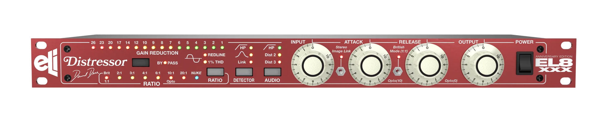 Front panel of a red audio processing unit with knobs, switches, LED indicators, and text labels including Distressor and EL8 XXX.