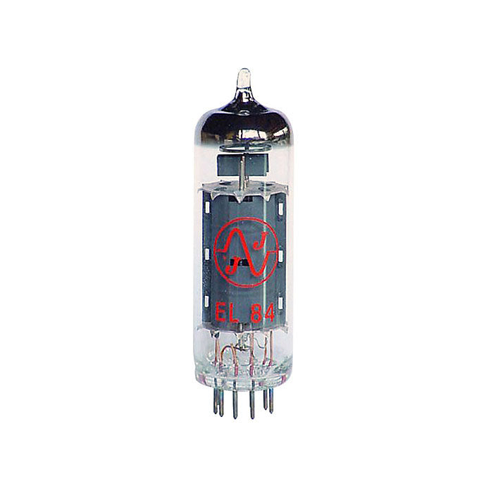 Clear glass vacuum tube with metal internal components and pin connector base, marked EL 84.