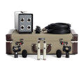 Stereo microphone set with two small microphones, shock mounts, cables, adapter box, and carrying case on white background.