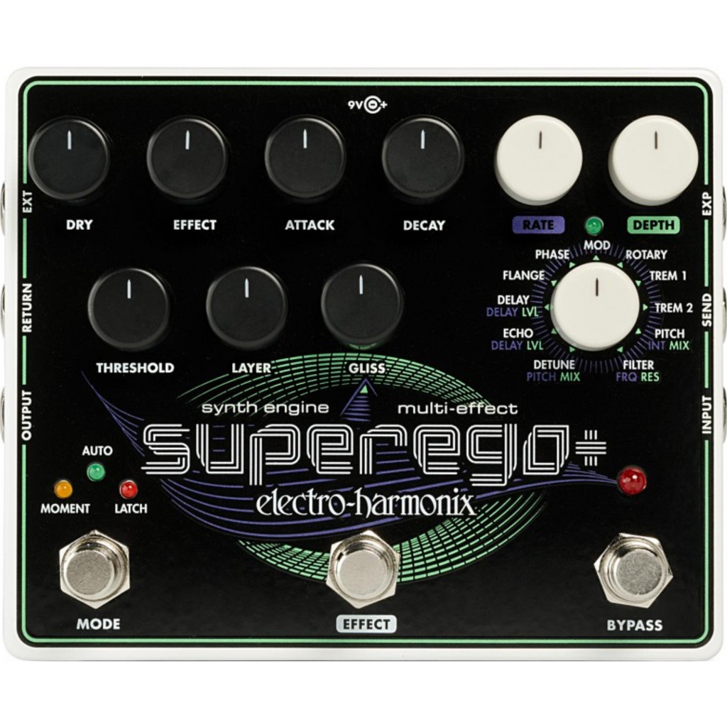 Black Electro-Harmonix Superego Plus multi-effect pedal with multiple control knobs and footswitches.