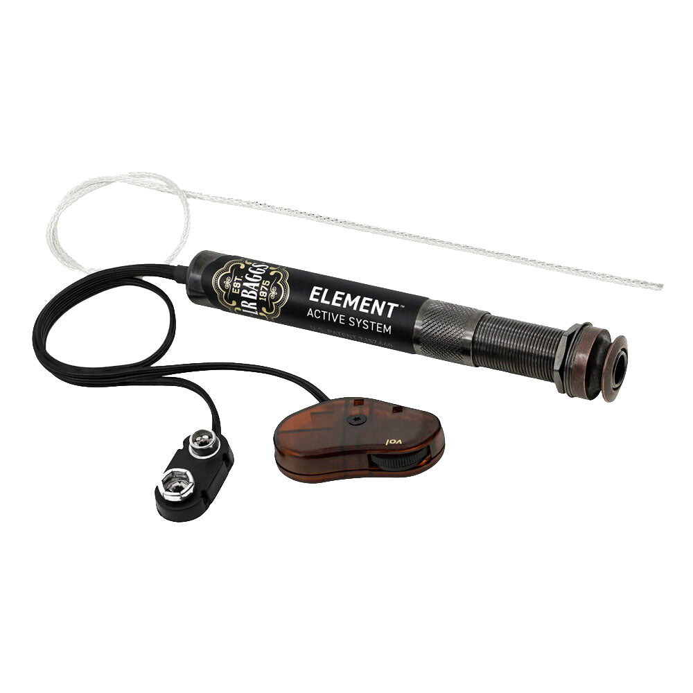 LR Baggs Element active system with pickup cartridge, volume control, and 9V battery clip.