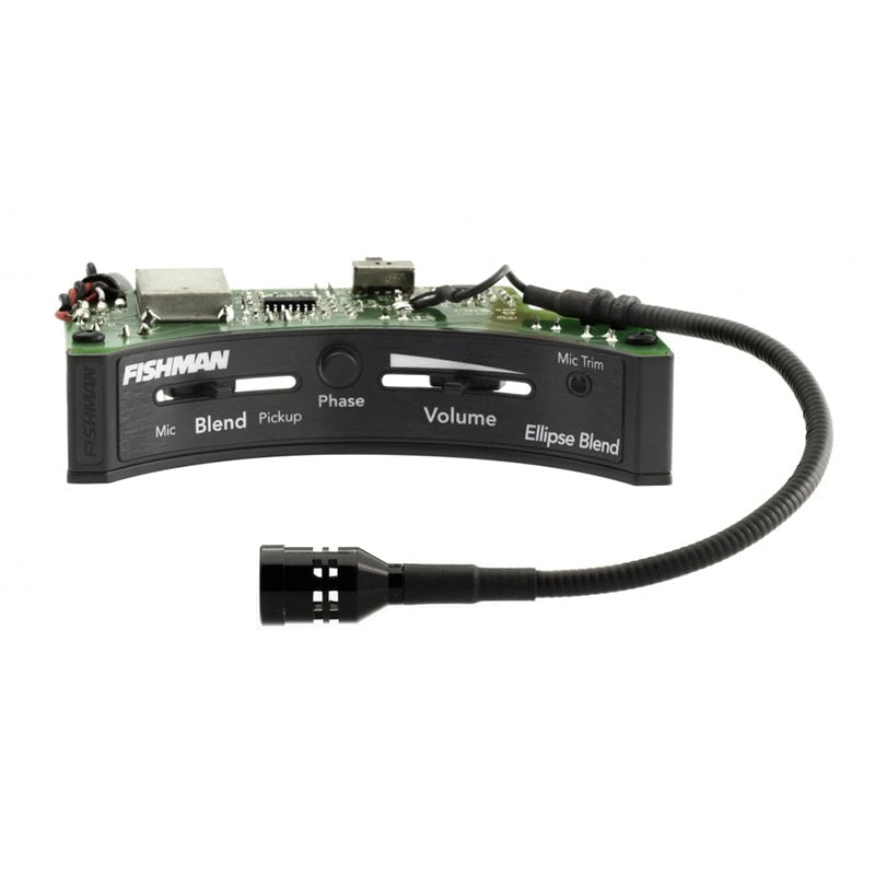 Fishman preamp system with a circuit board, sliders for blend and volume, phase button, and a flexible microphone arm.