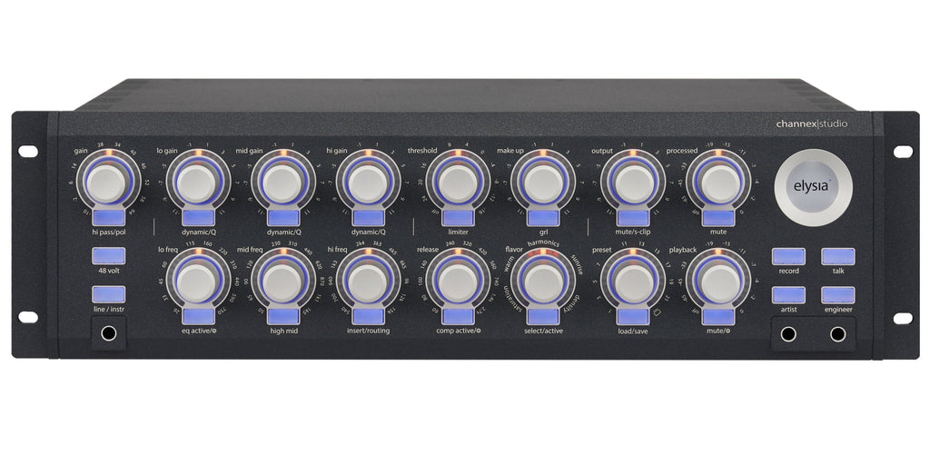 Front panel of a black audio processor with multiple knobs and buttons labeled with audio control functions and the brand elysia.