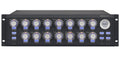 Front panel of a black audio processor with multiple knobs and buttons labeled with audio control functions and the brand elysia.
