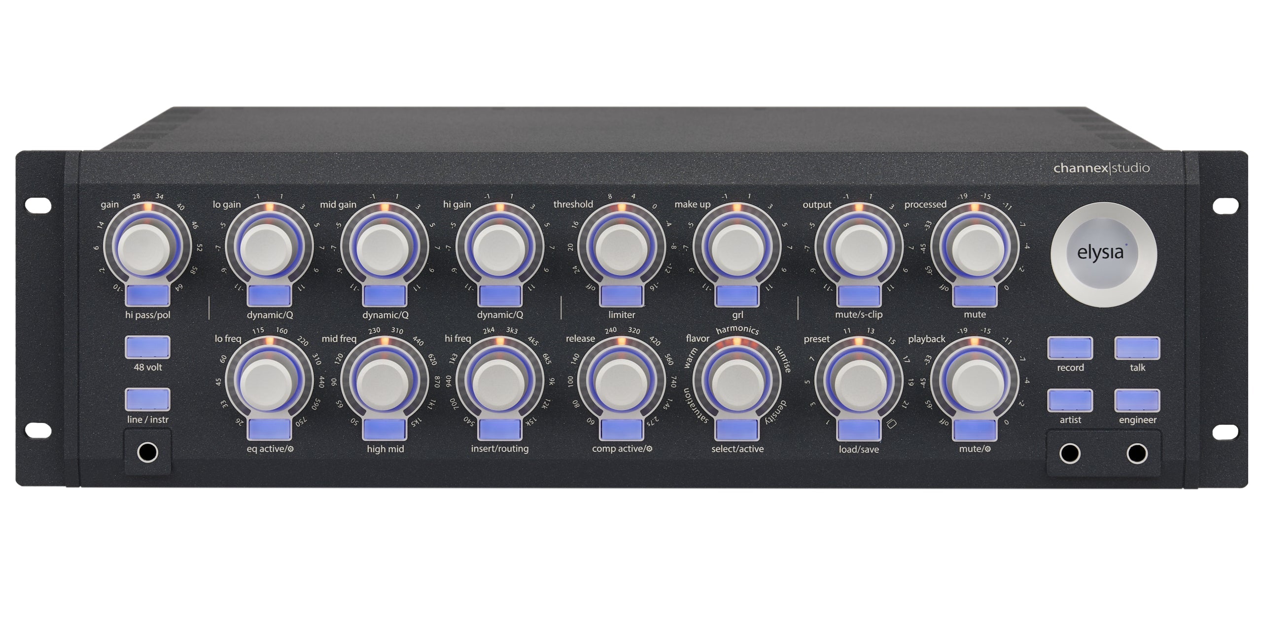 Front panel of a black audio processor with multiple knobs and buttons labeled with audio control functions and the brand elysia.