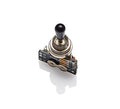 A black knob toggle switch with a metal base and a small circuit board attached.