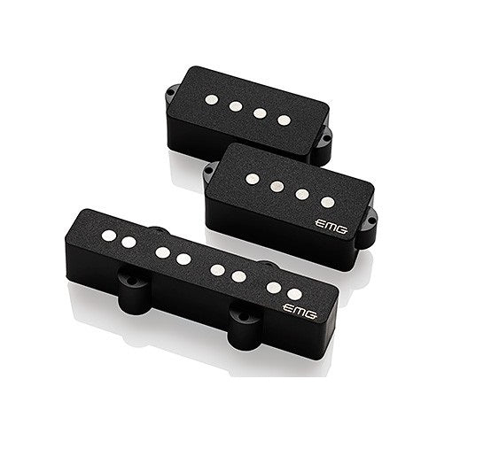 Three black rectangular bass guitar pickups with white pole pieces and EMG branding on a white background.