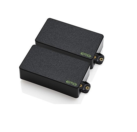 Two black rectangular EMG guitar pickups with green EMG logo and metal mounting points.