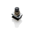 Black push button switch with metal base and pin connectors labeled ON and OFF.