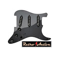 Black prewired pickguard with three pickups, three control knobs, and one switch laid flat on white background.