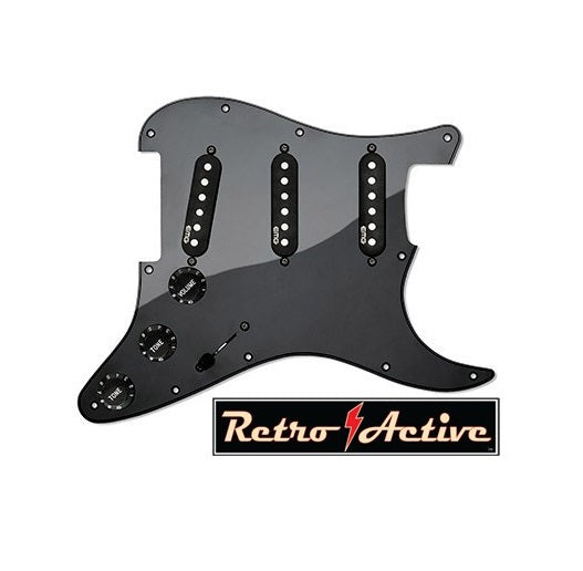 Black prewired pickguard with three pickups, three control knobs, and one switch laid flat on white background.