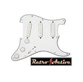 White prewired guitar pickguard with three single-coil pickups, three control knobs, and a toggle switch.