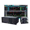 Rackmount audio interface and two smaller rack units shown with a software mixer interface screen.