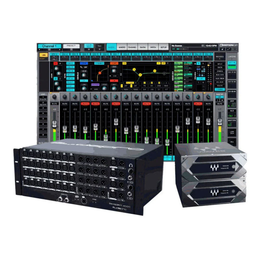 Rackmount audio interface and two smaller rack units shown with a software mixer interface screen.
