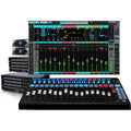 Waves eMotion LV1 Bundle 2 system components: the eMotion LV1 mixer software interface on a screen, a black Waves FIT control surface with 17 motorized faders and backlit color buttons, two rack-mount DSPRO StageGrid 4000 stageboxes with rows of XLR connectors, and two half-rack Waves SoundGrid units stacked behind.