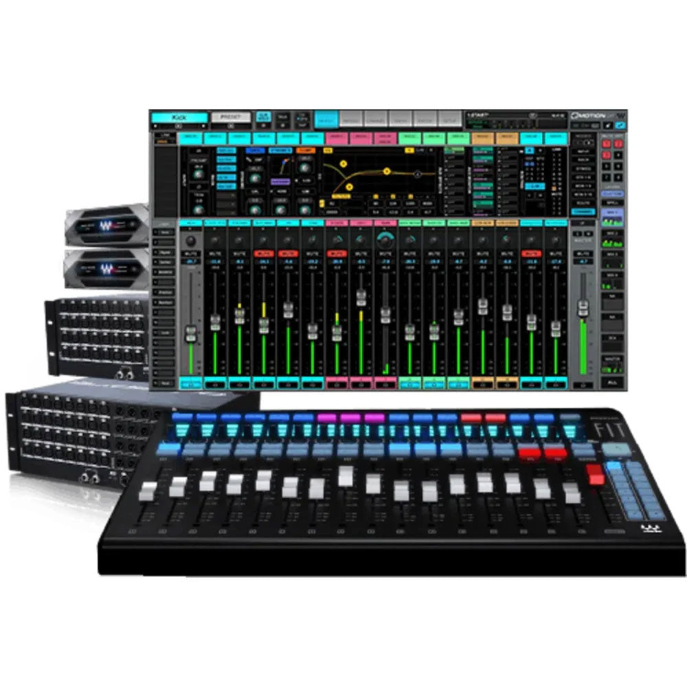 Waves eMotion LV1 Bundle 2 system components: the eMotion LV1 mixer software interface on a screen, a black Waves FIT control surface with 17 motorized faders and backlit color buttons, two rack-mount DSPRO StageGrid 4000 stageboxes with rows of XLR connectors, and two half-rack Waves SoundGrid units stacked behind.