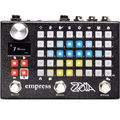 Black music effects pedal with a grid of multi-colored backlit buttons, a screen, three footswitches, and a large rotary knob.
