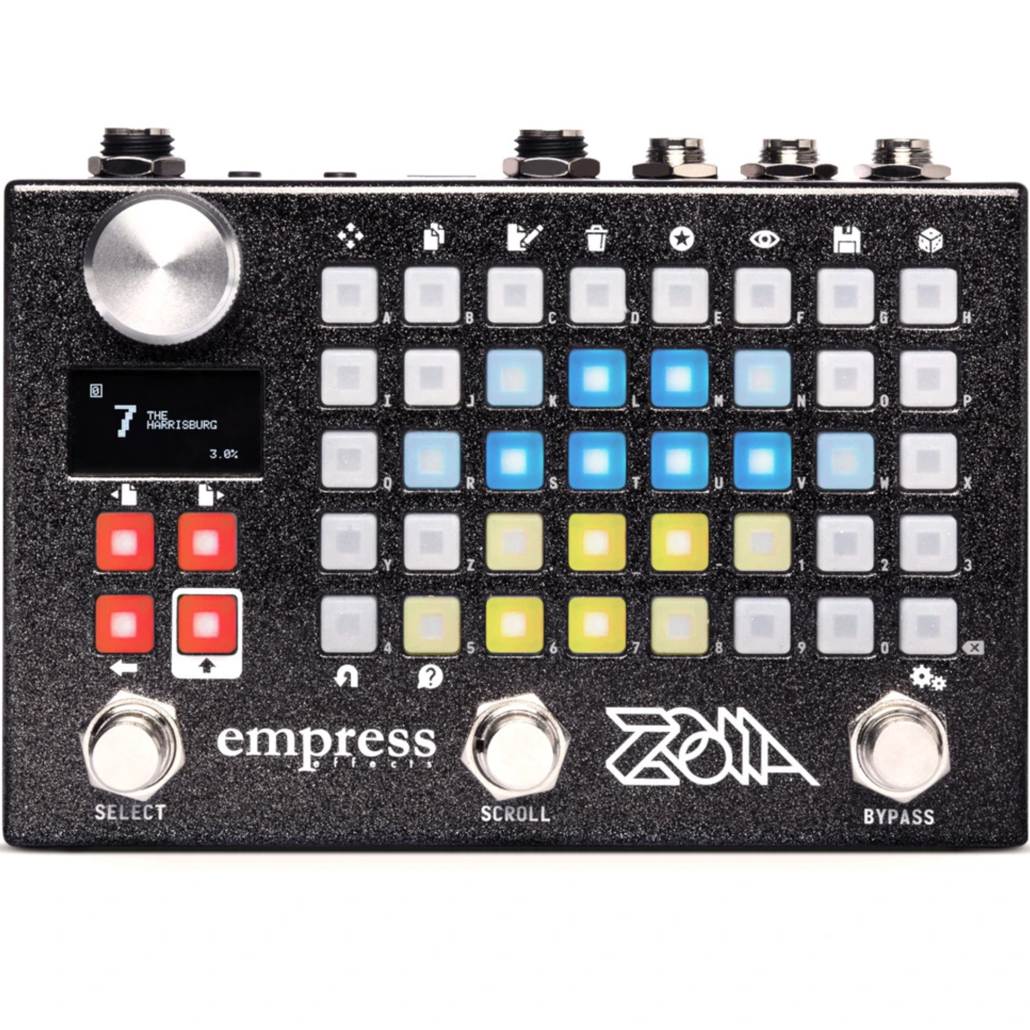 Black music effects pedal with a grid of multi-colored backlit buttons, a screen, three footswitches, and a large rotary knob.