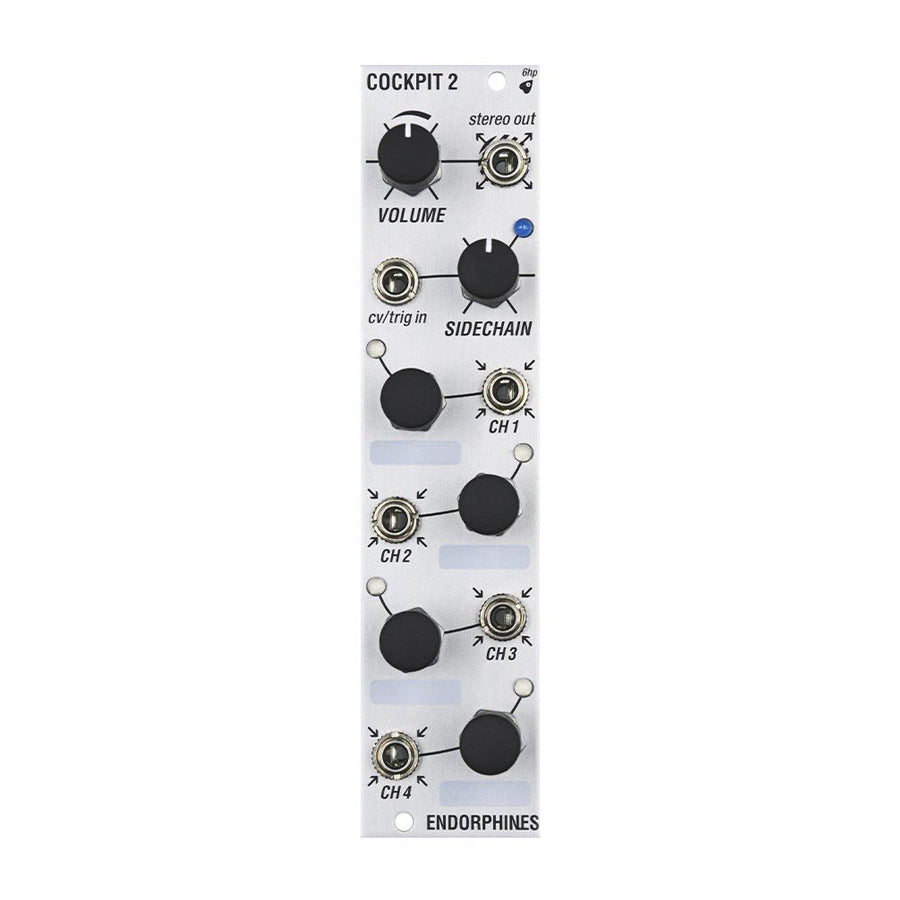 Silver eurorack module with knobs and 3.5mm jacks labeled Cockpit 2 from Endorphin.es.