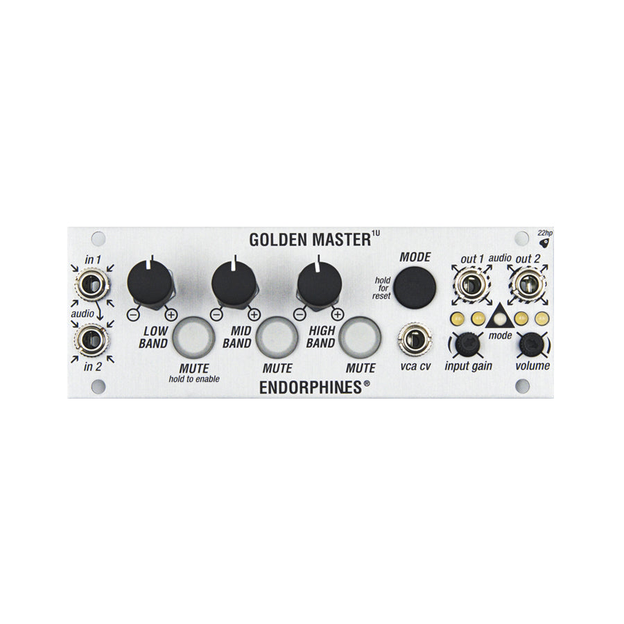 Silver Endorphin.es Golden Master 1U eurorack module with knobs, buttons, and audio jacks.