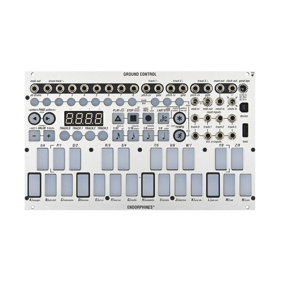 Silver eurorack module with multiple knobs, buttons, jacks, and a digital display labeled Ground Control by Endorphines.