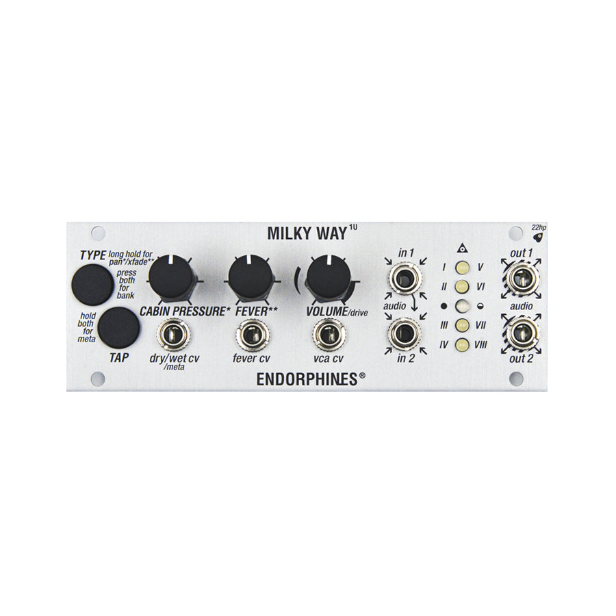 Silver Eurorack module labeled Milky Way with knobs, buttons, toggle switches, and multiple 3.5mm audio jacks.