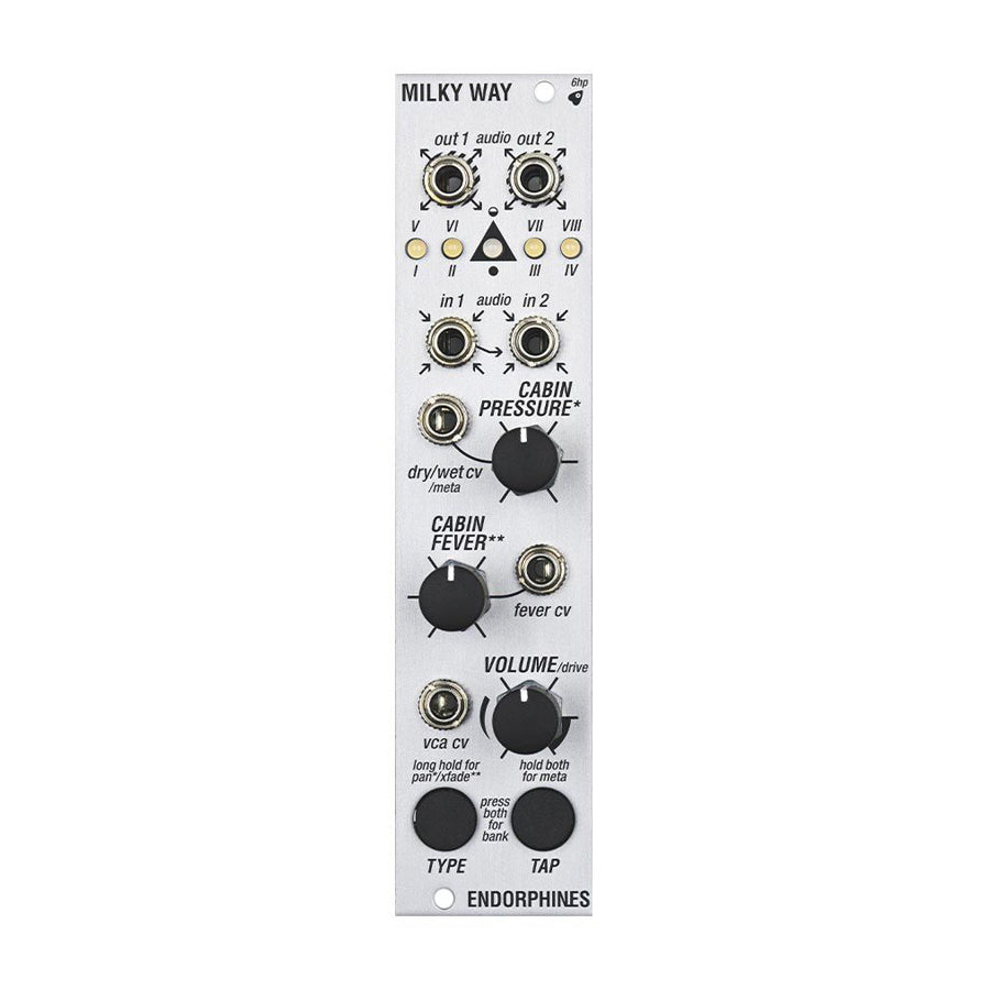 Silver eurorack module with jacks, knobs, and buttons labeled Milky Way from Endorphin.es.