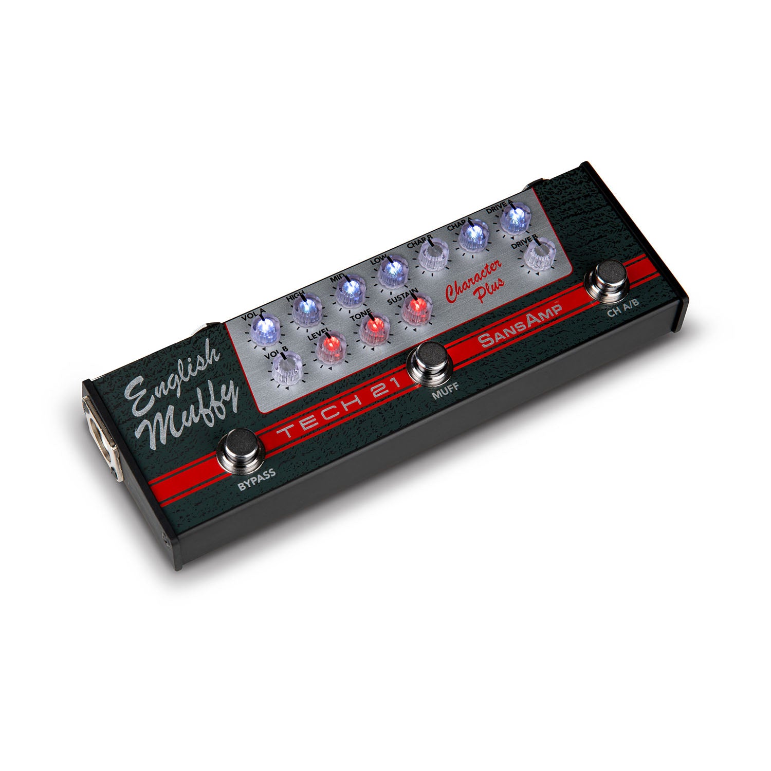 Black rectangular guitar effects pedal with multiple labeled knobs and three footswitches.