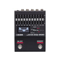 Black graphic equalizer pedal with nine sliders, display screen, multiple buttons, and metal footswitches.