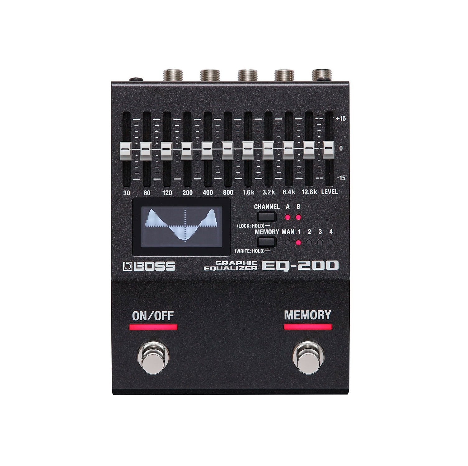 Black graphic equalizer pedal with nine sliders, display screen, multiple buttons, and metal footswitches.