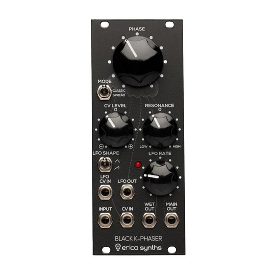 Black Erica Synths Black K-Phaser eurorack module with knobs, toggle switches, and multiple 6.35mm jacks.