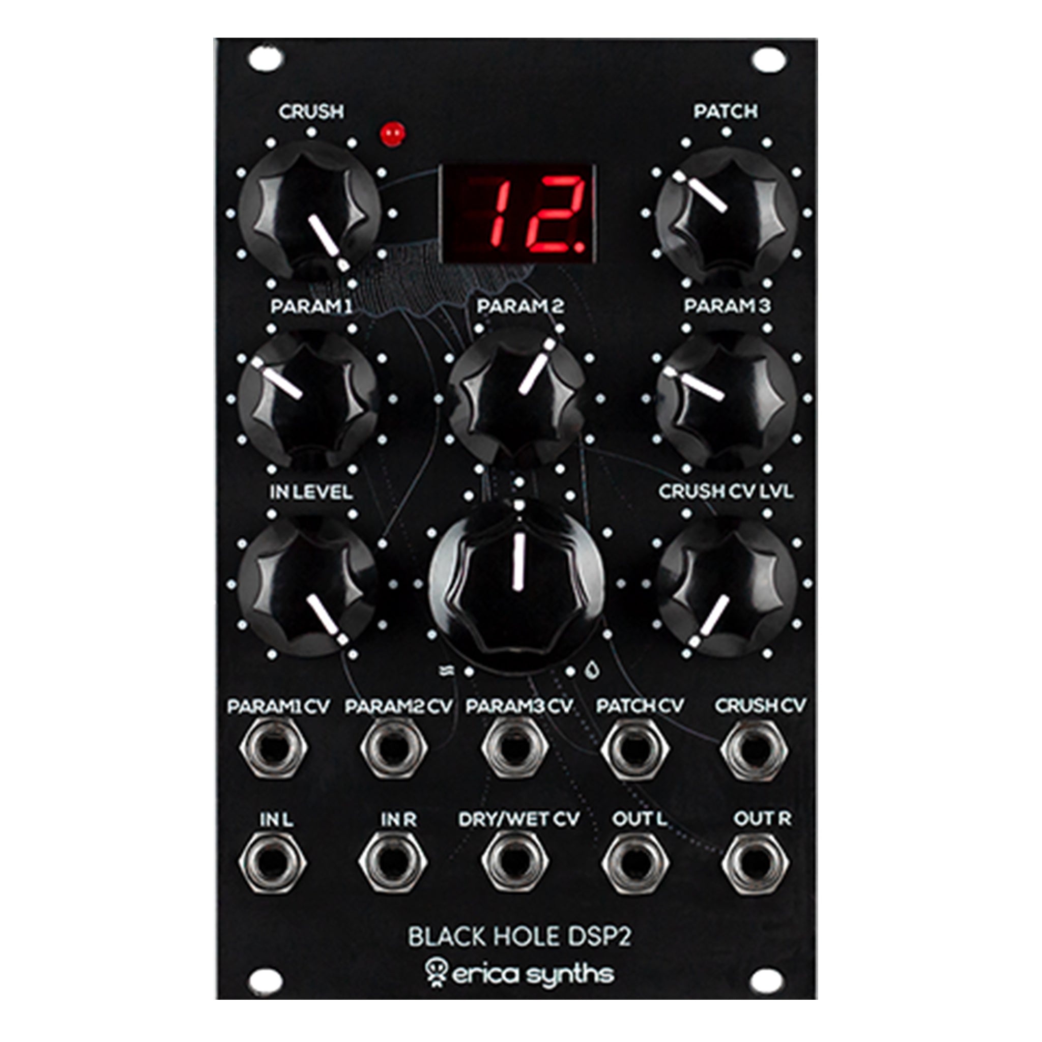 Black Erica Synths module with knobs, digital display reading 12, and multiple 1/4 inch jacks.