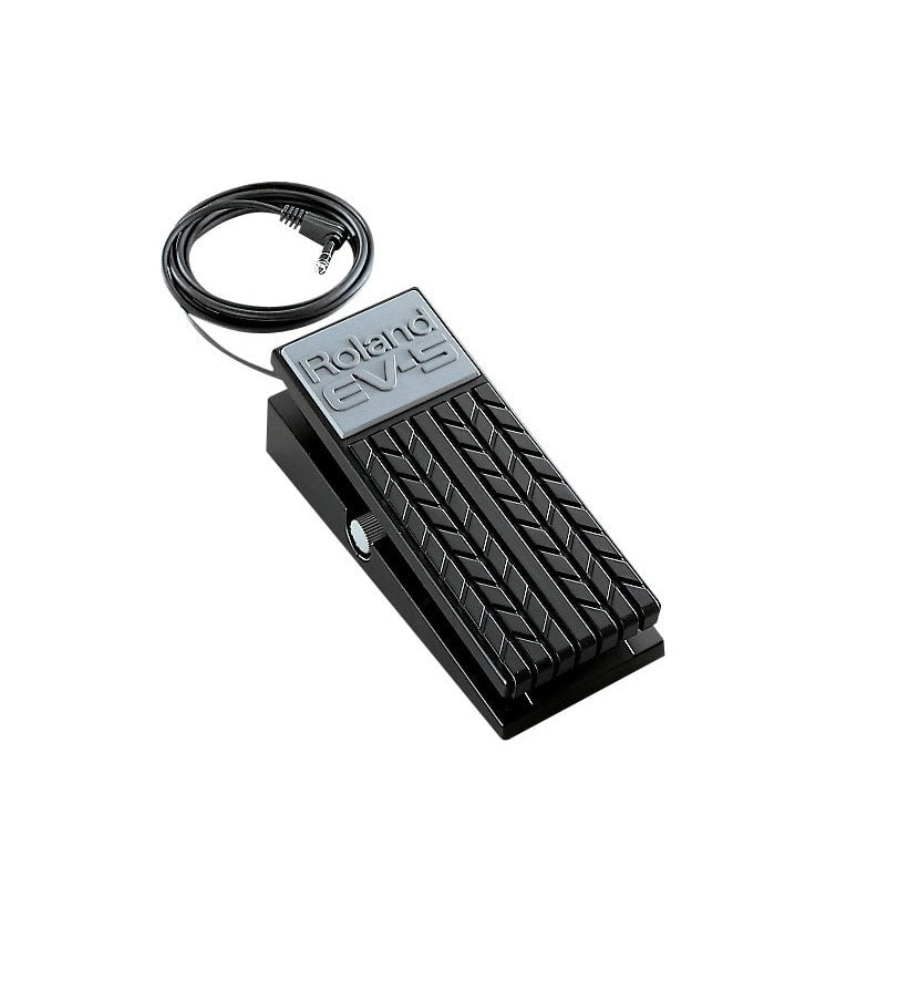 Black Roland EV-5 expression pedal with textured surface, adjustment knob, and attached cable with 3.5mm right-angle plug.