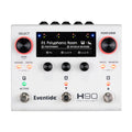 Top view of a white Eventide H90 Harmonizer pedal with knobs, footswitches, and an LCD screen showing '01 Polyphonic Room' preset.