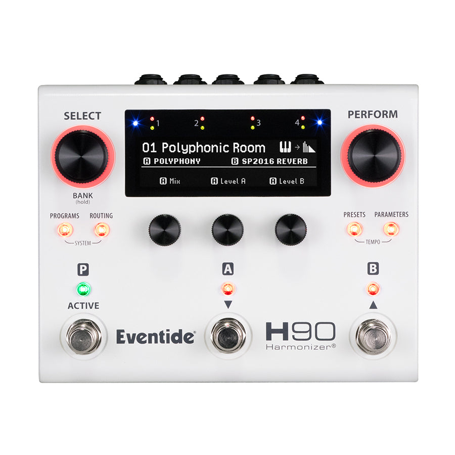 Top view of a white Eventide H90 Harmonizer pedal with knobs, footswitches, and an LCD screen showing '01 Polyphonic Room' preset.