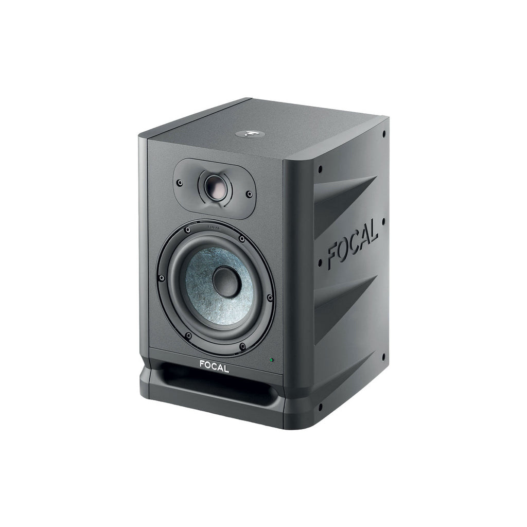 Black and gray studio monitor speaker with visible woofer, tweeter, and FOCAL branding on front and side.