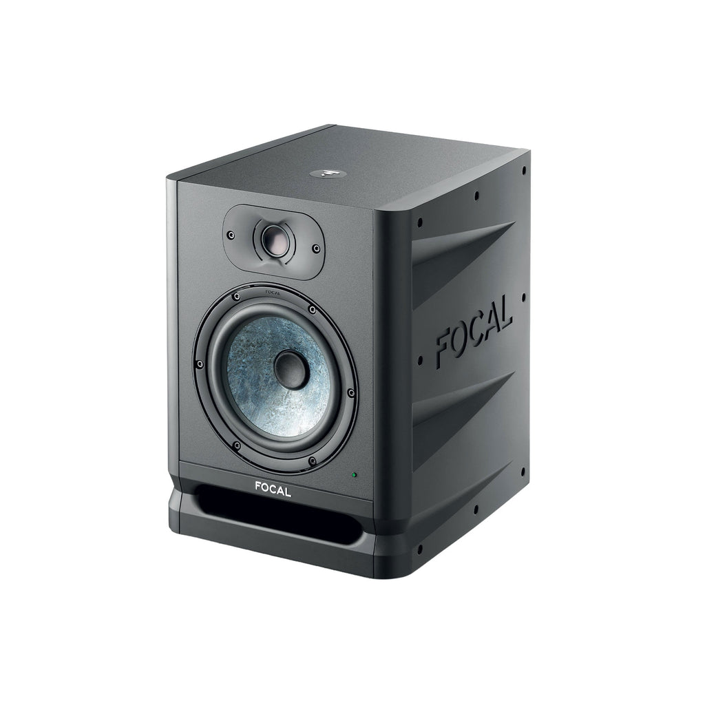 Black studio monitor speaker with blue cone woofer and visible FOCAL logo on front and side.