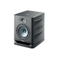 Black studio monitor speaker with blue cone woofer and visible FOCAL logo on front and side.