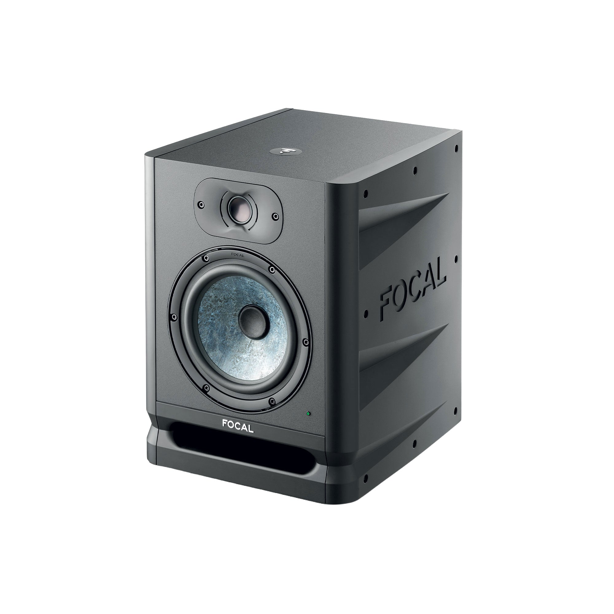 Black studio monitor speaker with blue cone woofer and visible FOCAL logo on front and side.